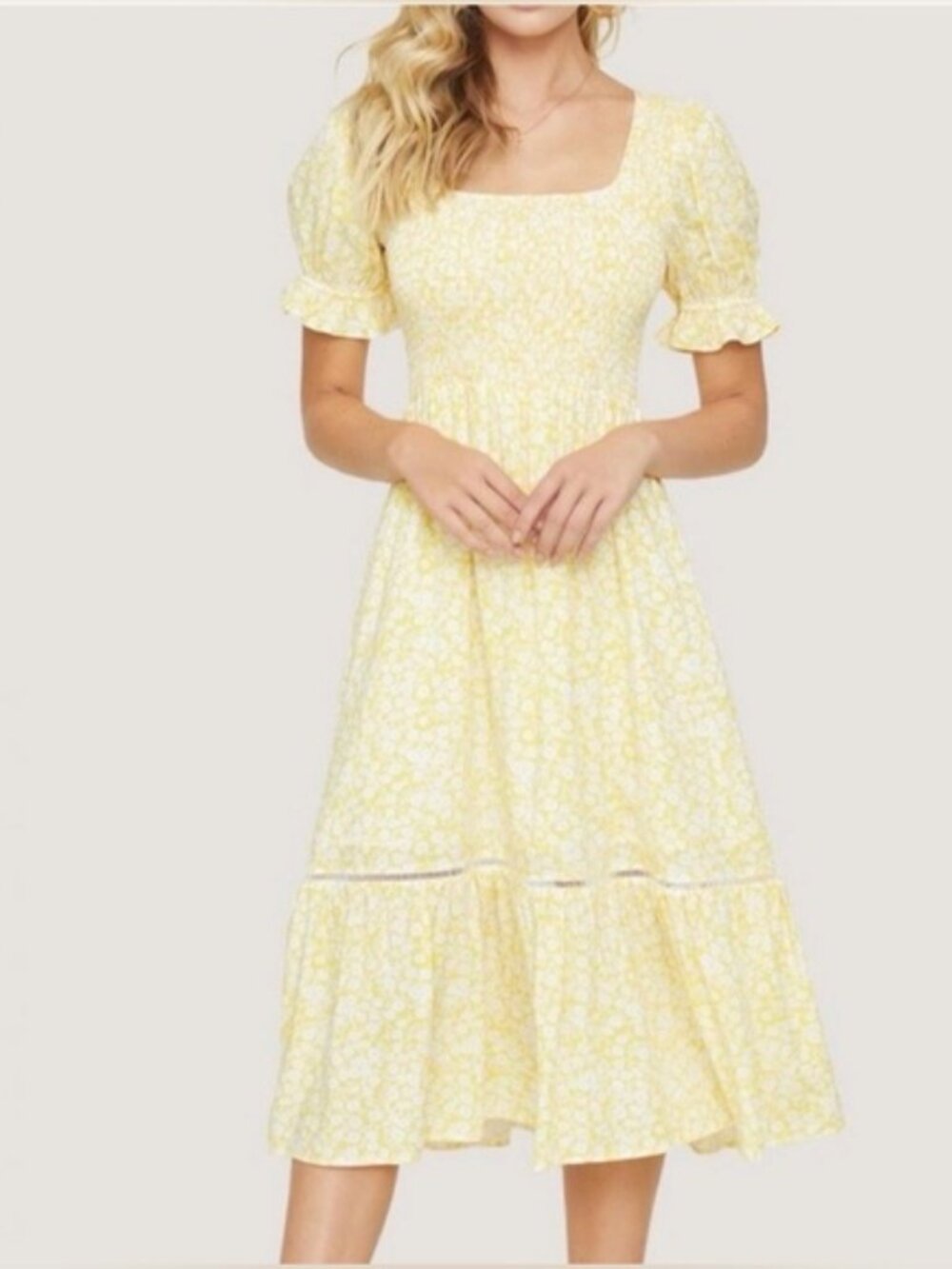 Lost + Wander Sweet Summer Daze Yellow Floral Ruched Midi Dress Size Small NWT
